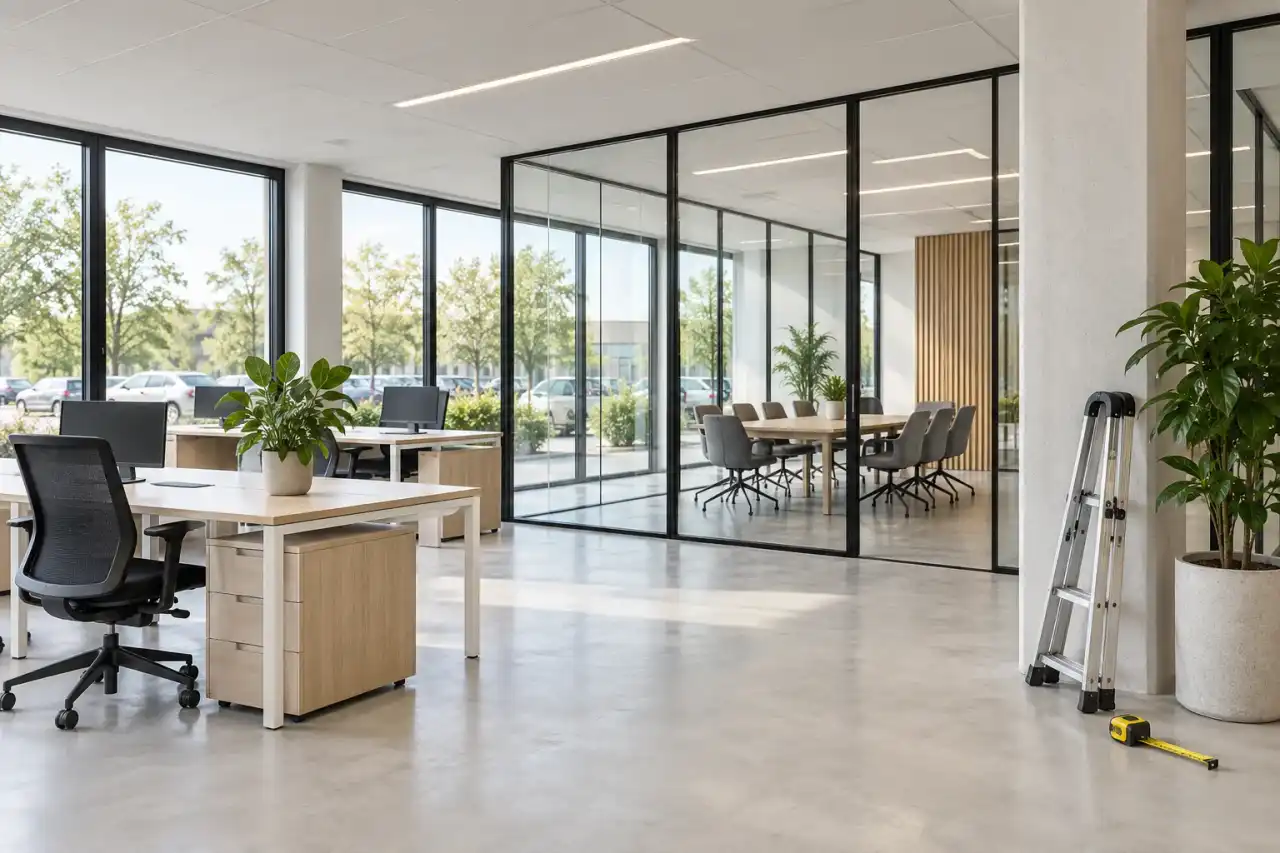 Plateau de bureaux rénové avec postes de travail et salle de réunion vitrée, escabeau et mètre ruban jaune posés au sol