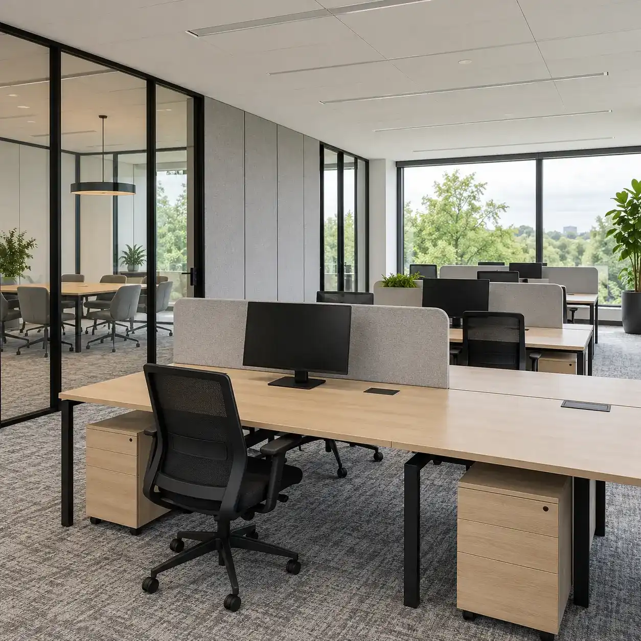 Open space avec bureaux en bois, séparateurs acoustiques, moquette grise et salle de réunion vitrée