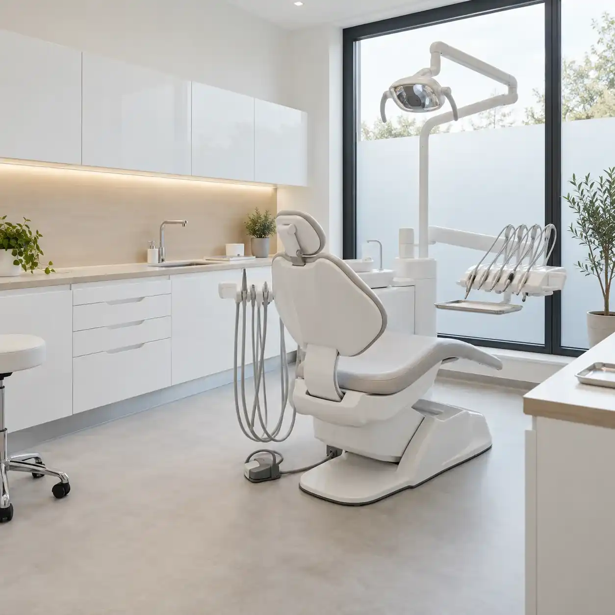 Salle de soins dentaire avec fauteuil, éclairage opératoire, meubles blancs et vitrage dépoli