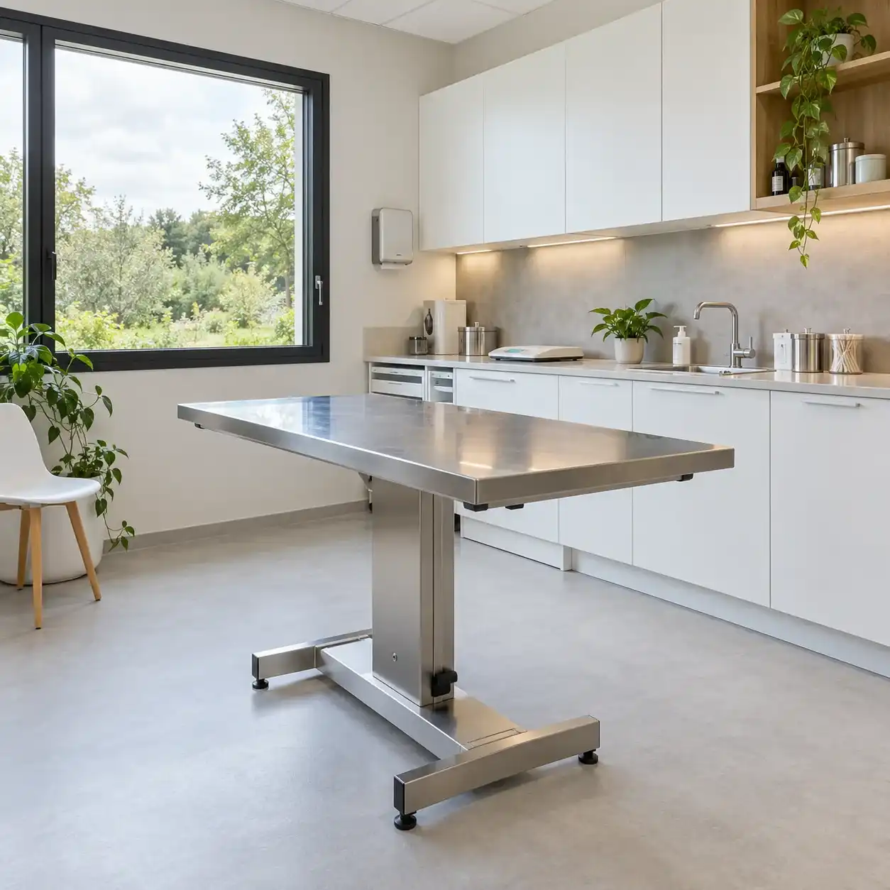 Salle de consultation vétérinaire avec table d'examen en inox à hauteur variable et plan de travail blanc