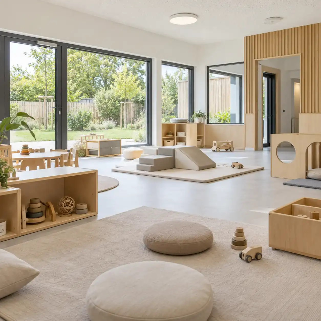 Salle d'éveil de crèche avec mobilier bas en bois, tapis, coussins et baies ouvrant sur un jardin