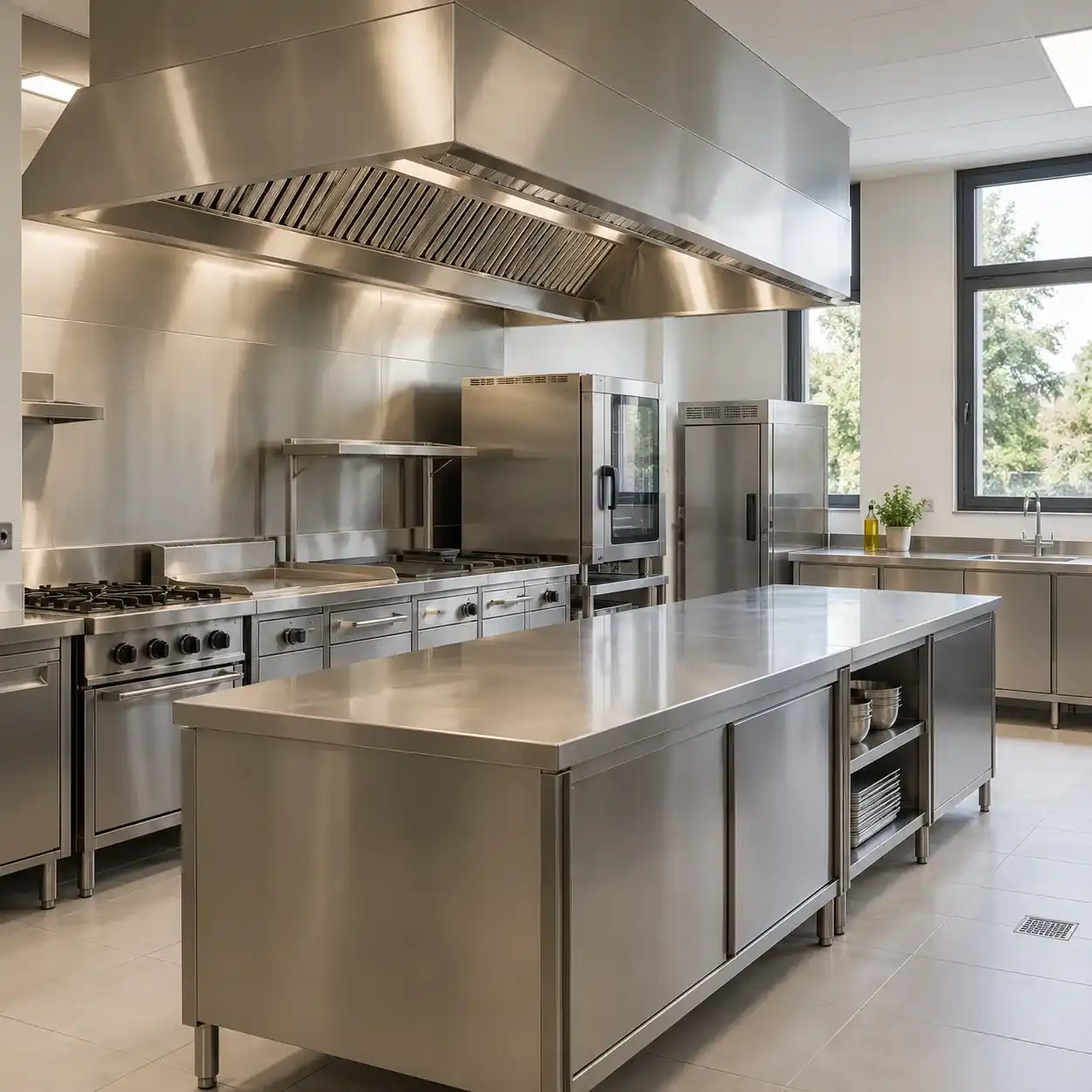 Cuisine professionnelle en inox avec hotte d'extraction, pianos de cuisson, fours et îlot de préparation