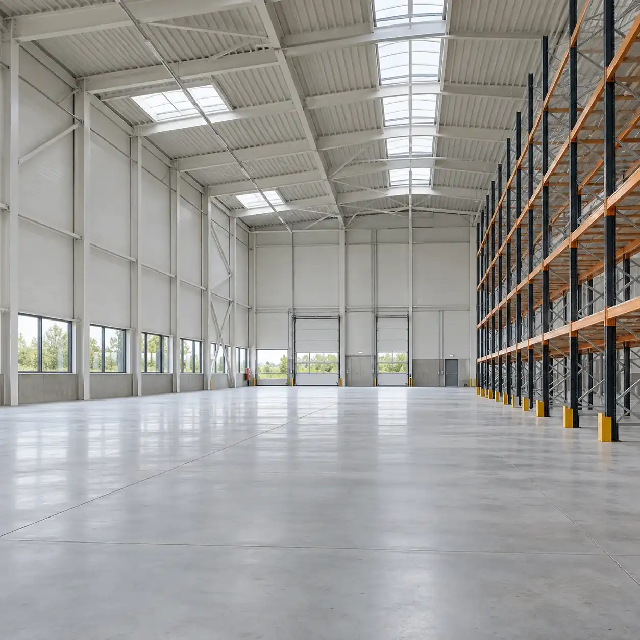 Entrepôt vide avec racks de stockage, sol en béton lisse, portes sectionnelles et lanterneaux