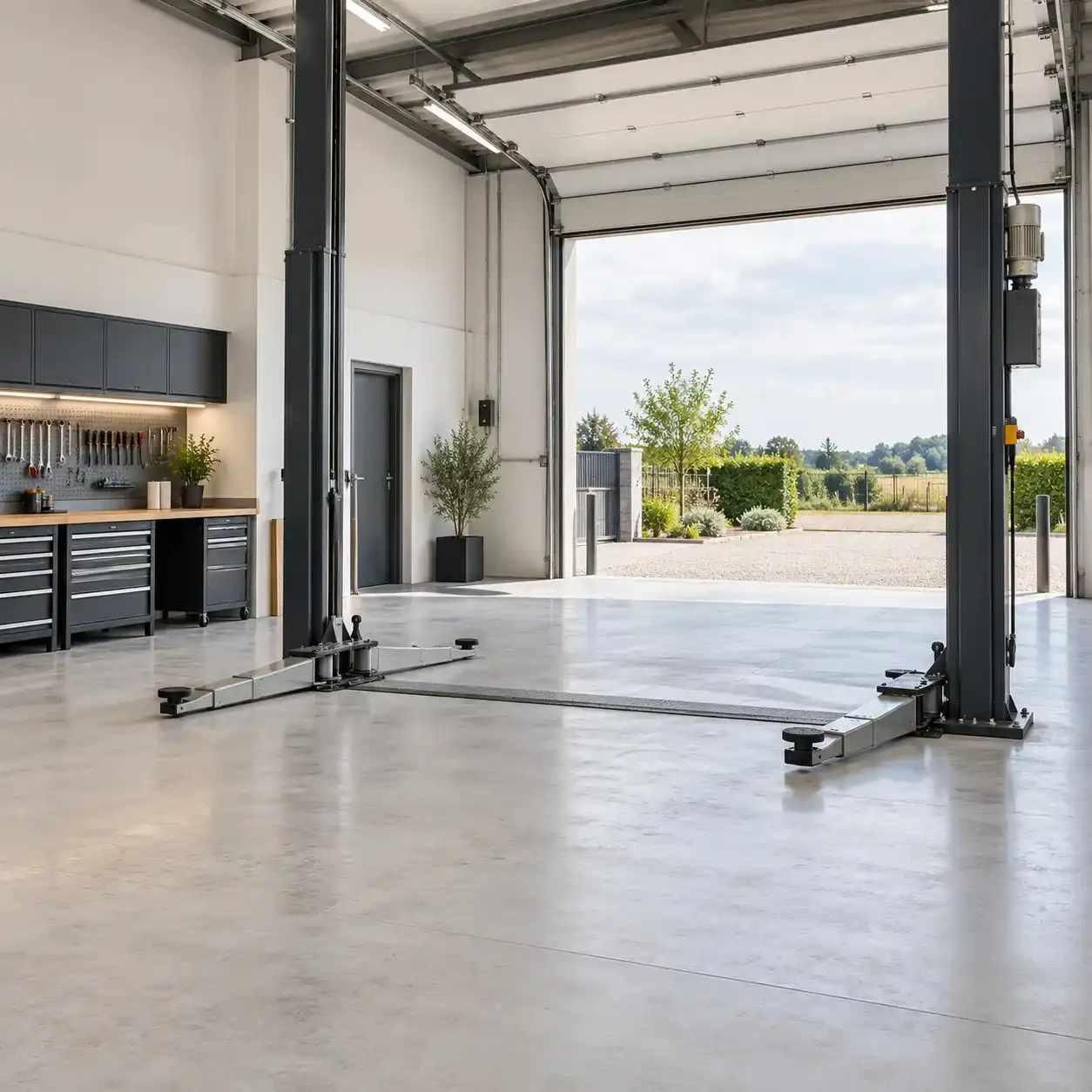 Atelier de garage automobile avec pont élévateur à deux colonnes, établis et porte sectionnelle ouverte