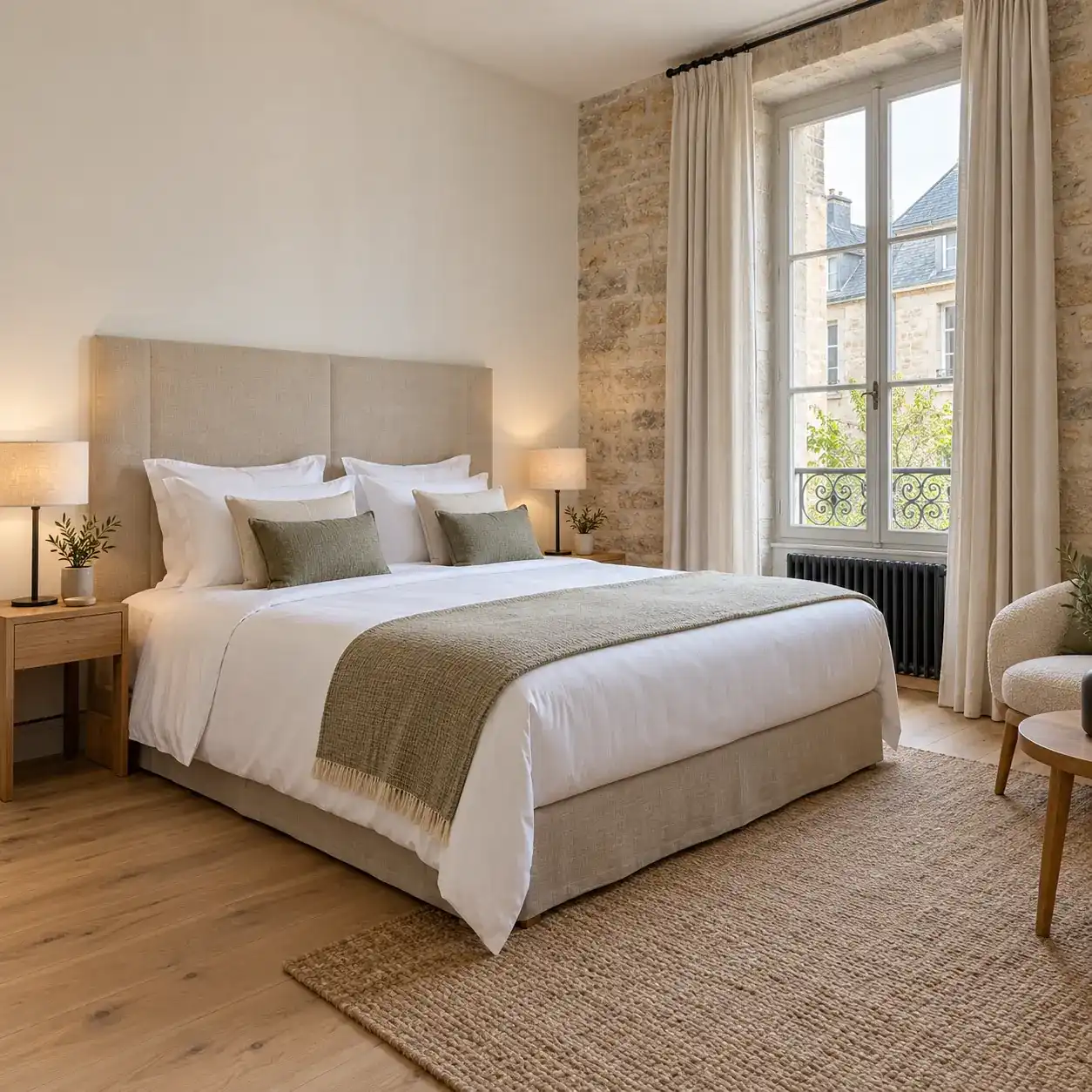 Chambre d'hôtel avec lit double, mur en pierre apparente, parquet en chêne et porte-fenêtre à garde-corps en fer forgé