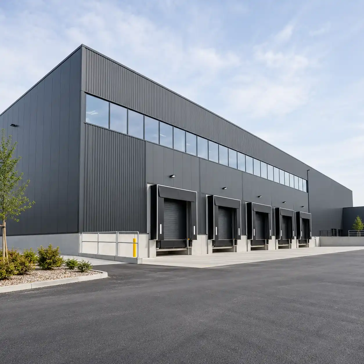 Bâtiment industriel à bardage métallique noir avec bandeau vitré et quais de chargement