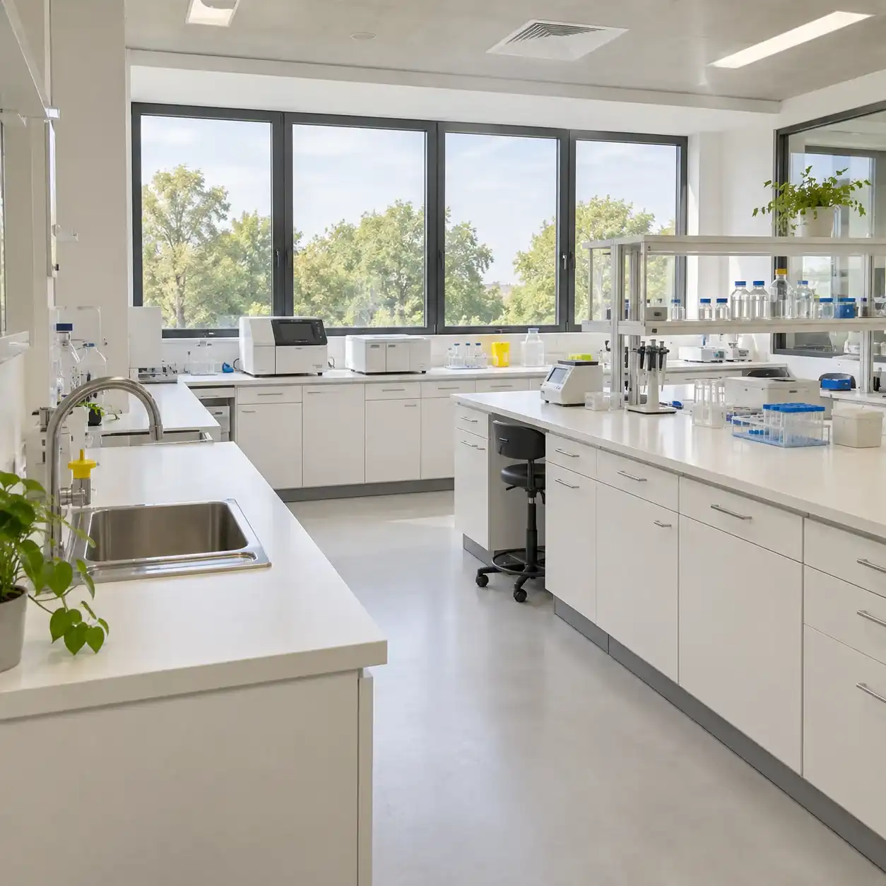 Laboratoire avec paillasses blanches, évier, appareils d'analyse et flacons devant une baie vitrée