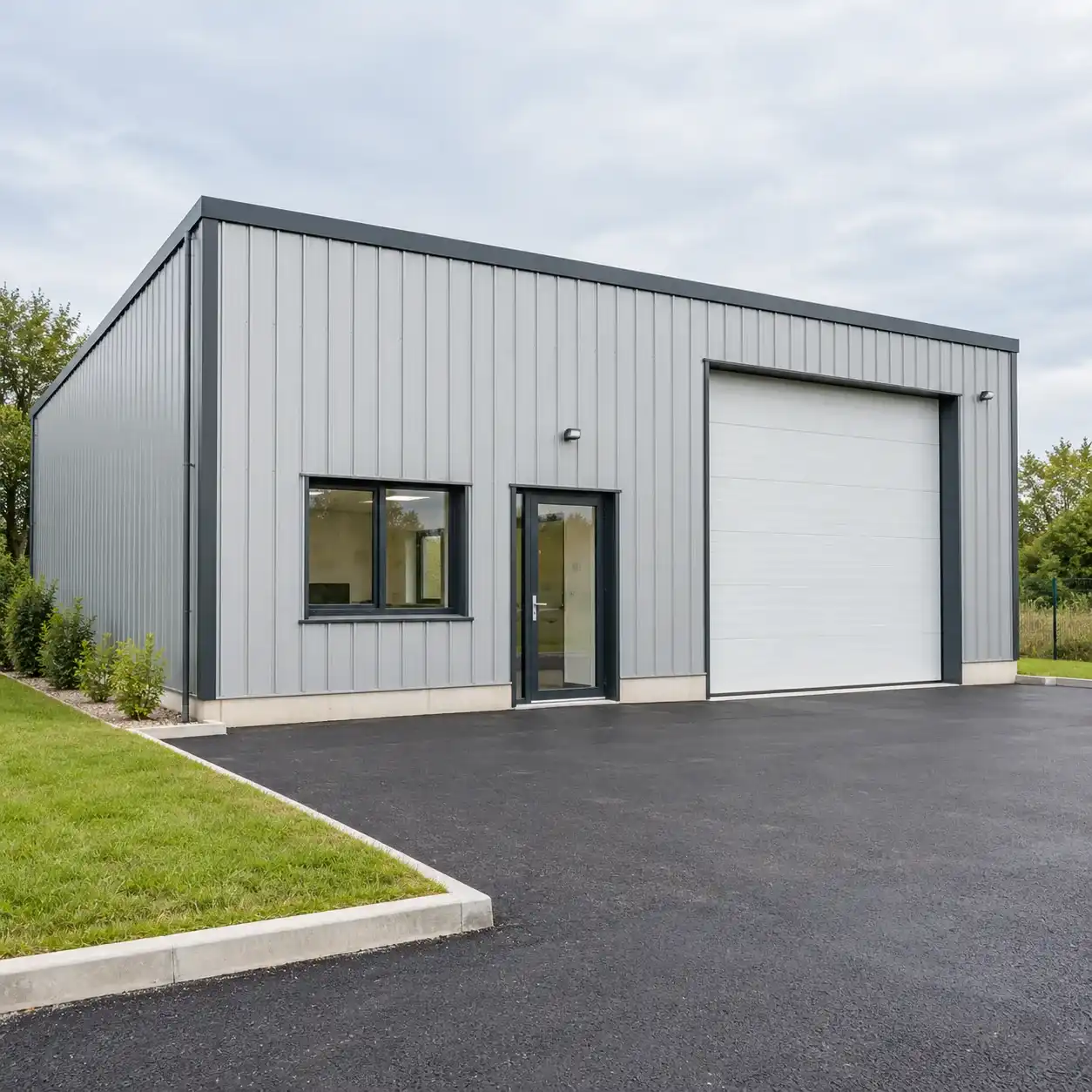 Petit local d'activité à bardage gris clair avec porte sectionnelle, porte d'entrée vitrée et parking en enrobé
