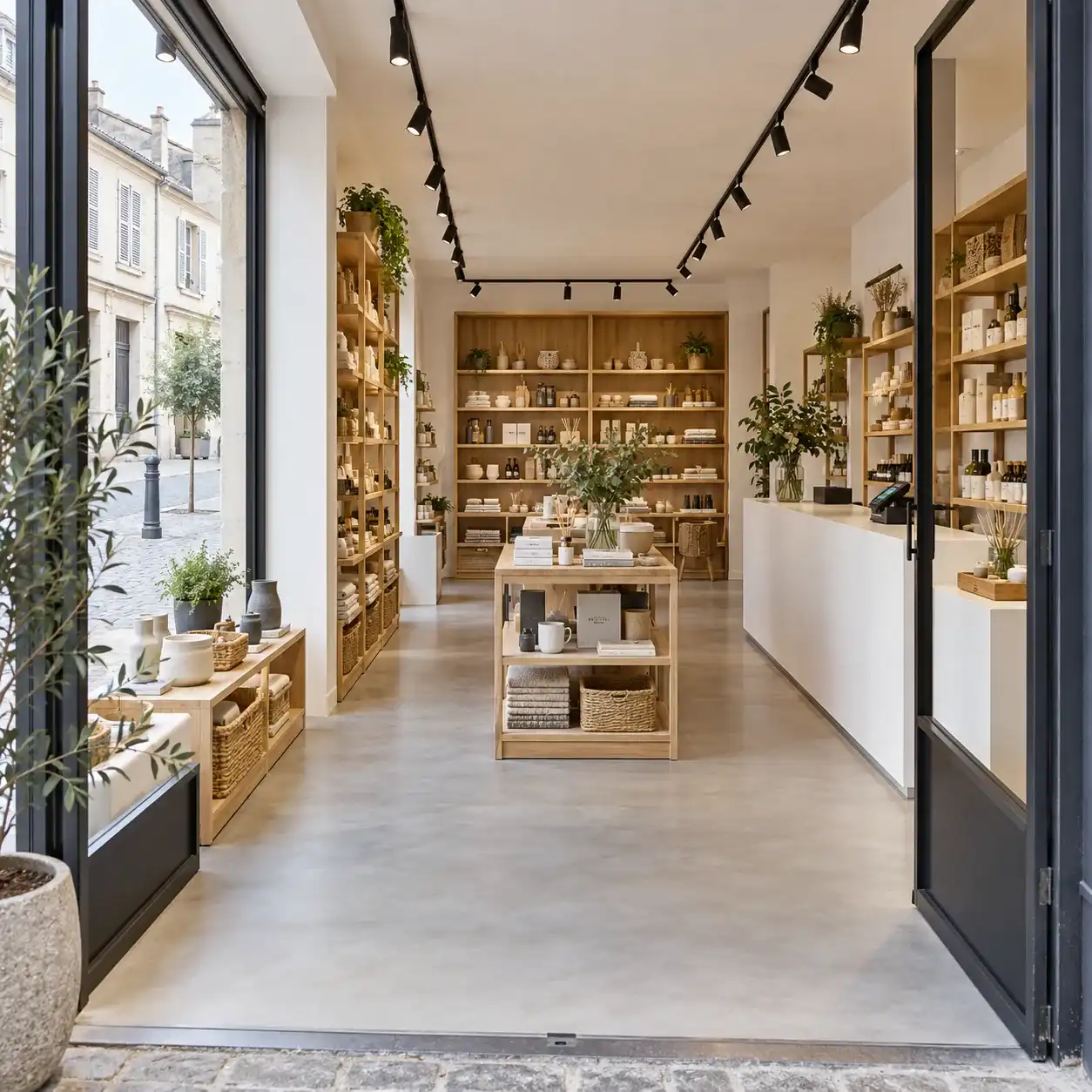 Boutique en rez-de-chaussée vue depuis l'entrée, étagères en bois, table de présentation et rails d'éclairage