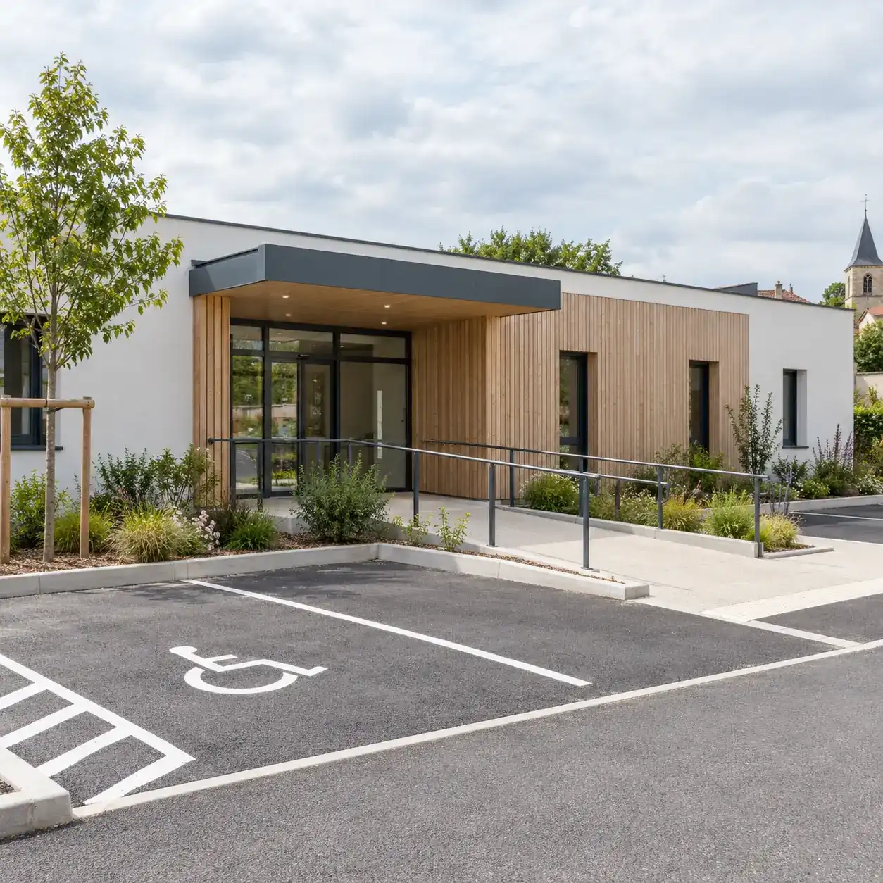 Maison de santé de plain-pied avec rampe d'accès, auvent d'entrée et place de stationnement réservée aux personnes handicapées