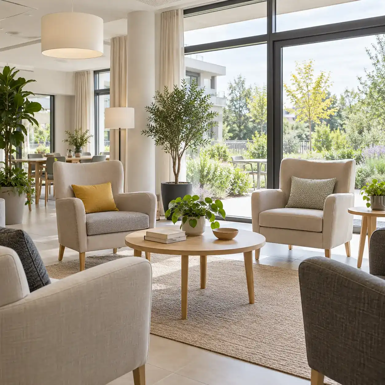 Salon commun d'une résidence pour personnes âgées avec fauteuils, table basse et baies vitrées sur un jardin