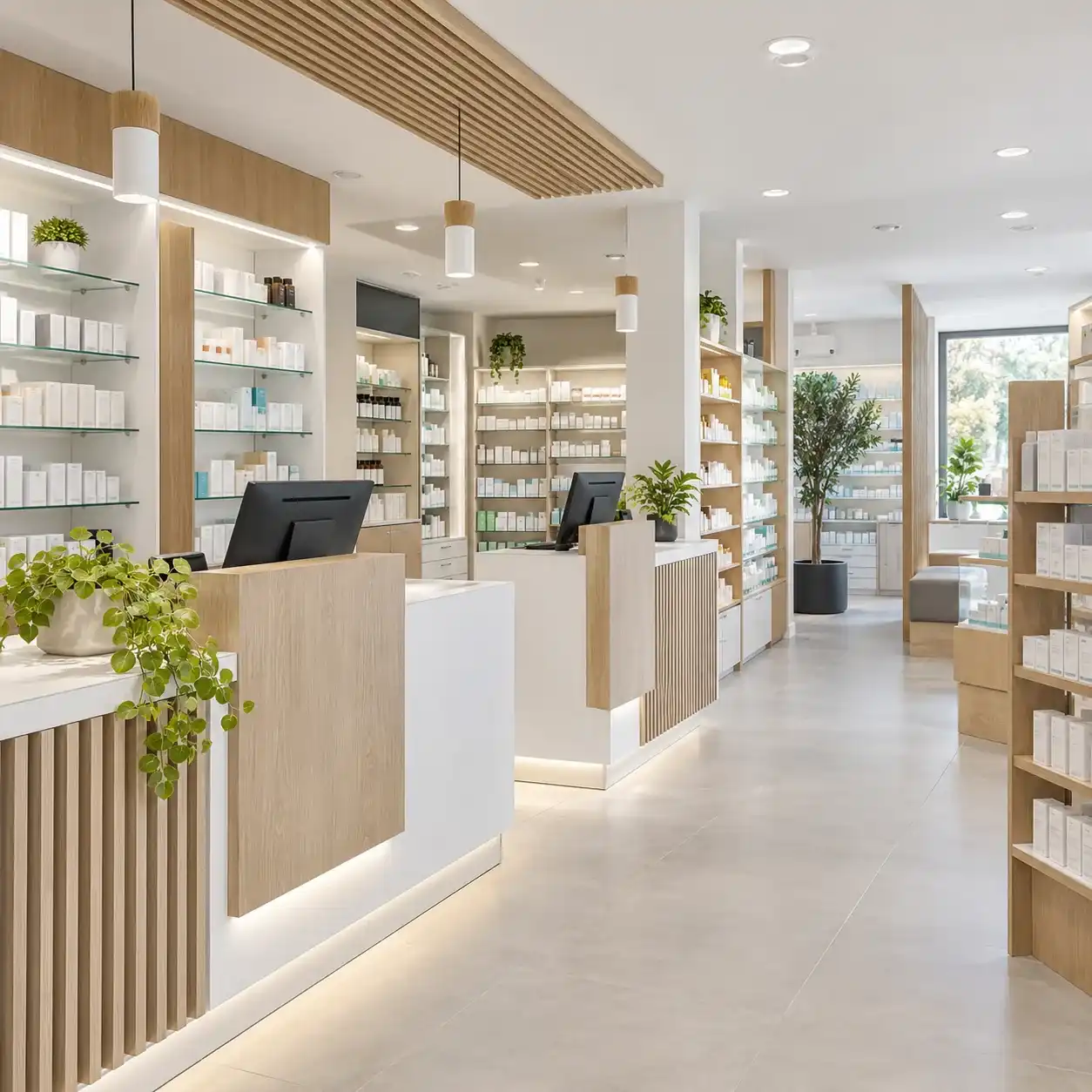 Pharmacie avec comptoirs blancs et bois, étagères vitrées de produits et plafond à lames de bois