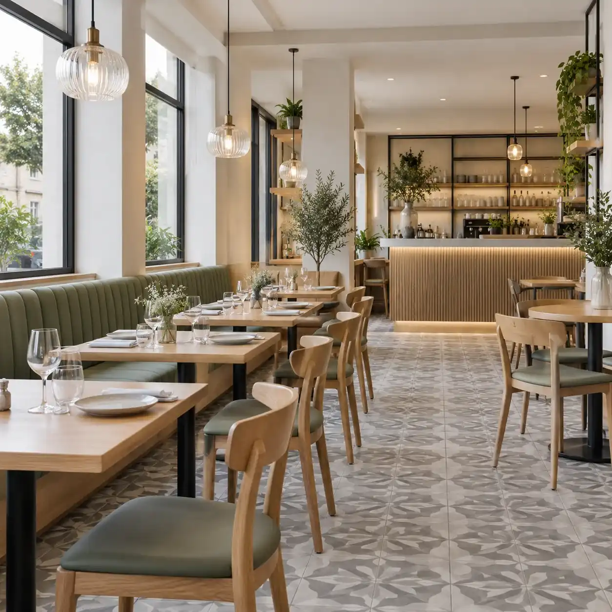 Salle de restaurant avec banquette vert sauge, tables en bois dressées, carreaux de ciment et bar éclairé