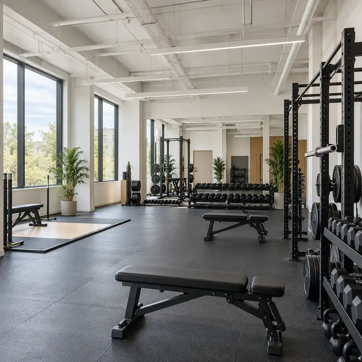 Salle de musculation avec sol en caoutchouc noir, racks de poids, bancs et grandes baies vitrées