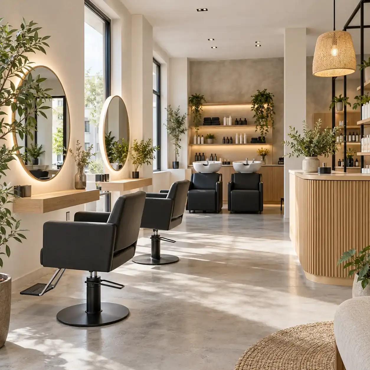 Salon de coiffure avec fauteuils noirs, miroirs ronds éclairés, bacs à shampoing et comptoir en bois cannelé