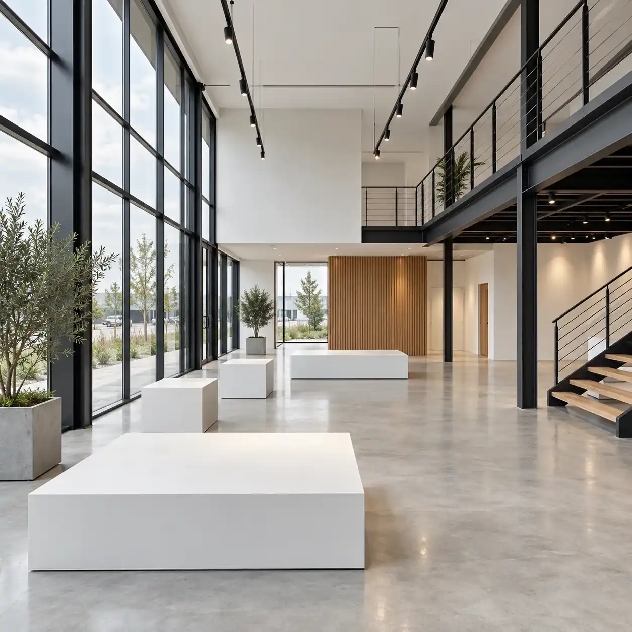 Showroom sur double hauteur avec podiums blancs, mezzanine métallique, escalier et façade vitrée