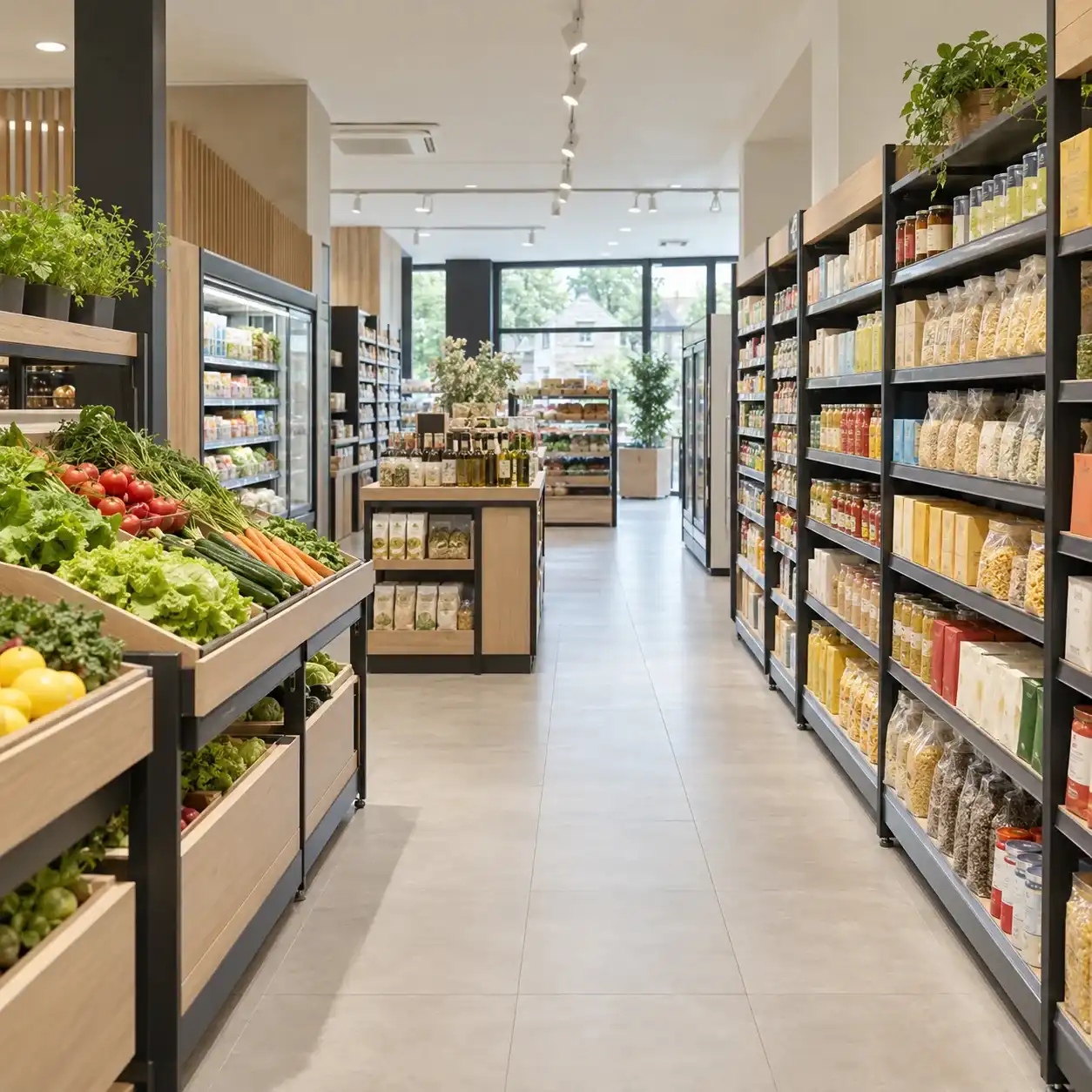 Allée de supérette avec étals de fruits et légumes en bois et rayonnages d'épicerie