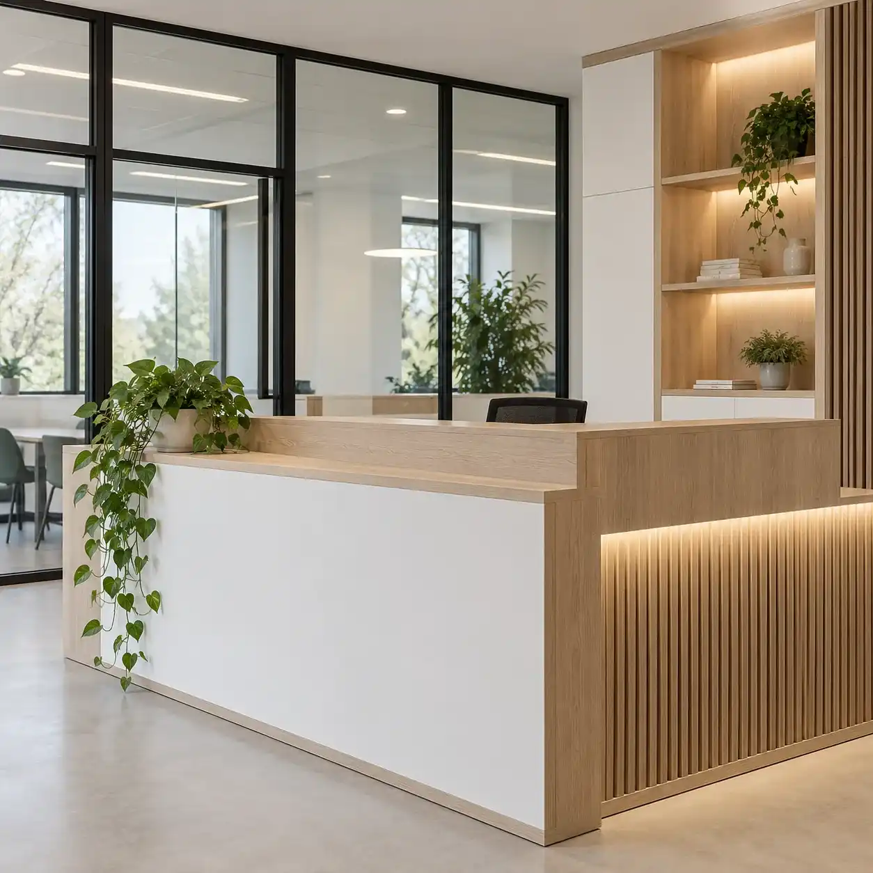 Banque d'accueil sur mesure en bois et blanc, avec éclairage intégré et niches d'étagères