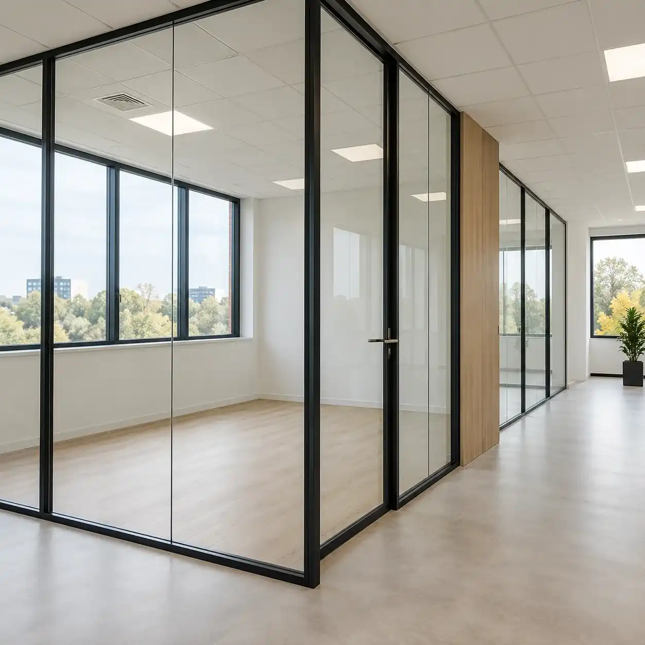Bureaux séparés par des cloisons vitrées à profils noirs, sous un faux plafond en dalles