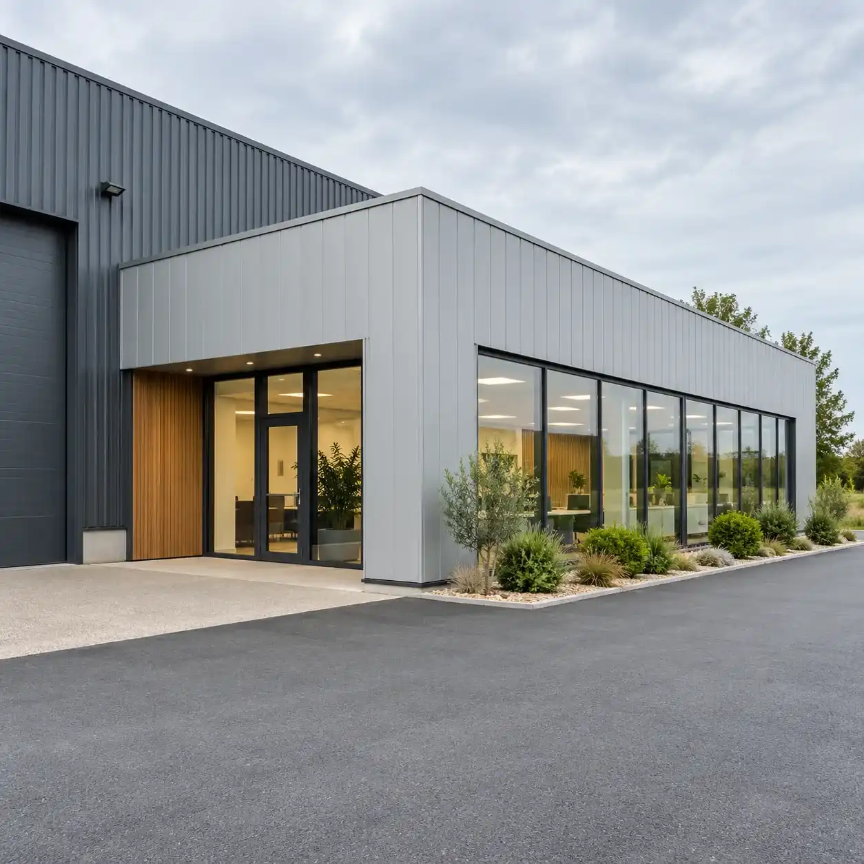 Volume de bureaux à bardage gris clair et grandes vitres accolé à un bâtiment d'activité sombre