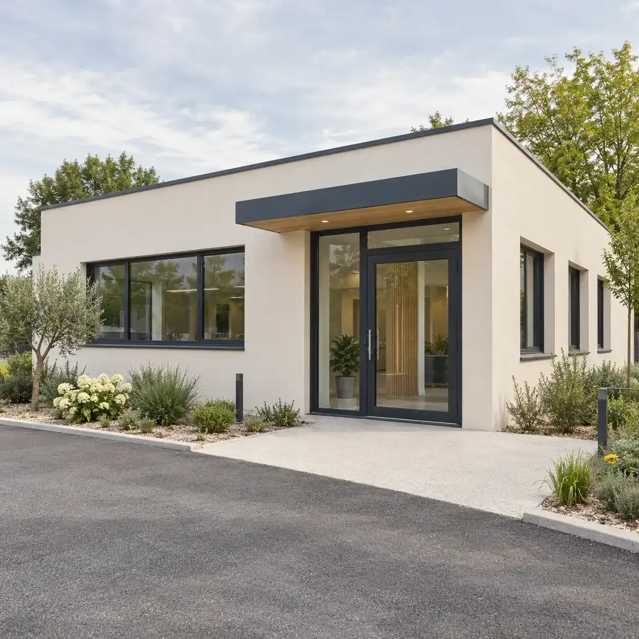 Façade enduite blanc cassé d'un bâtiment de plain-pied, avec auvent et menuiseries anthracite