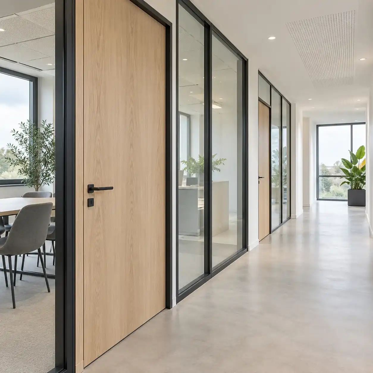 Couloir de bureaux avec porte pleine en bois et cloisons vitrées toute hauteur à cadre noir