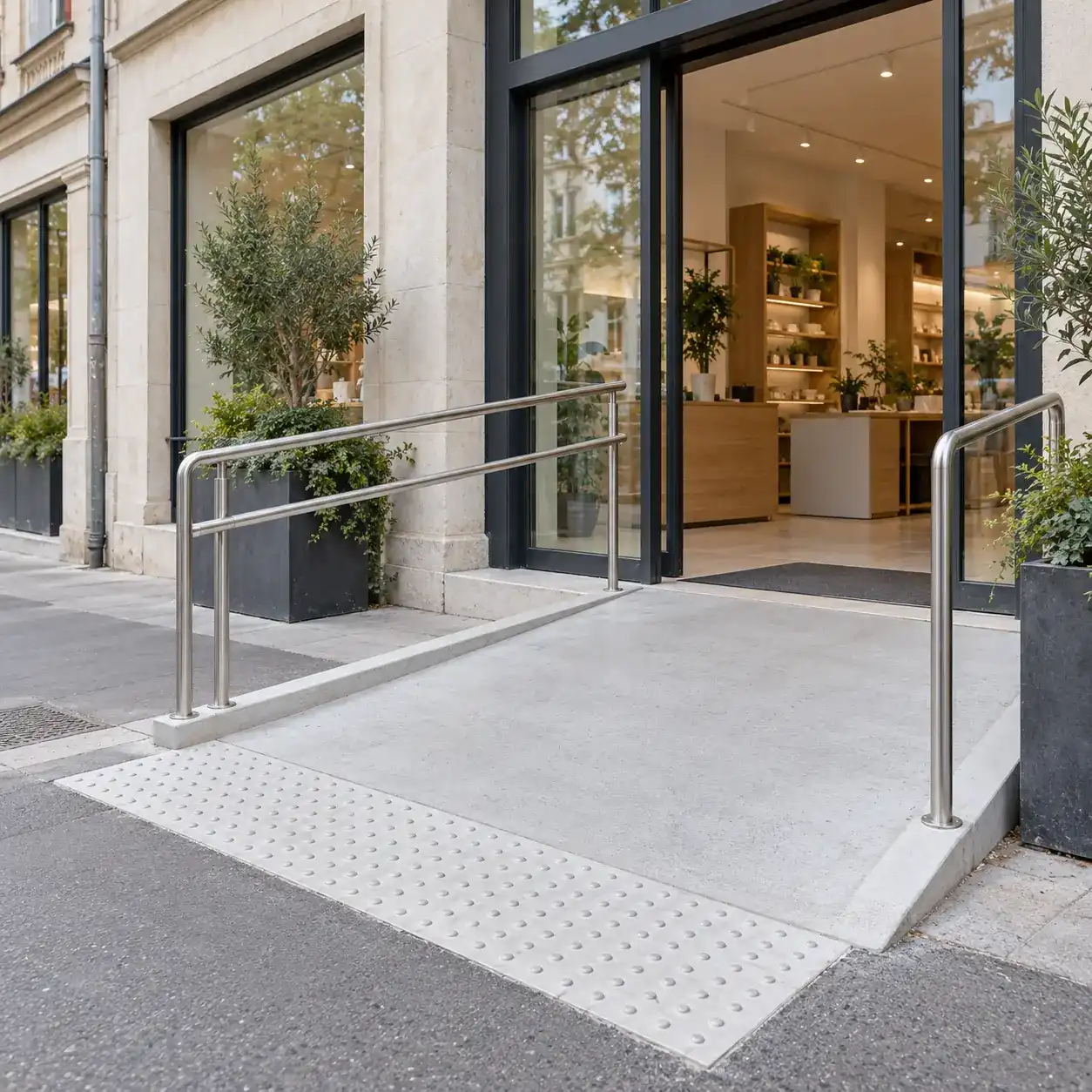 Rampe d'accès en béton avec mains courantes en inox et bande podotactile devant l'entrée d'une boutique