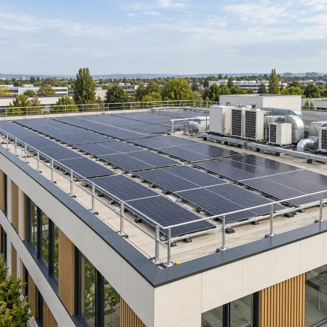 Toiture-terrasse d'un bâtiment tertiaire équipée de panneaux photovoltaïques, de garde-corps et de groupes de traitement d'air