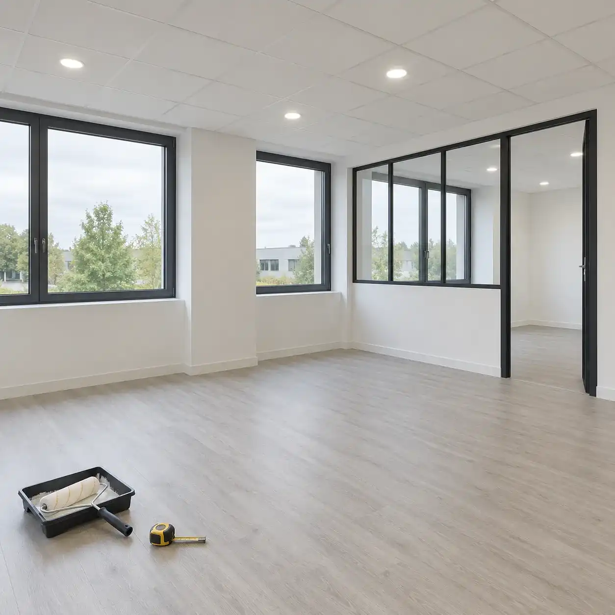 Plateau de bureaux vide après rénovation, sol stratifié, menuiseries neuves, rouleau de peinture et mètre ruban au sol