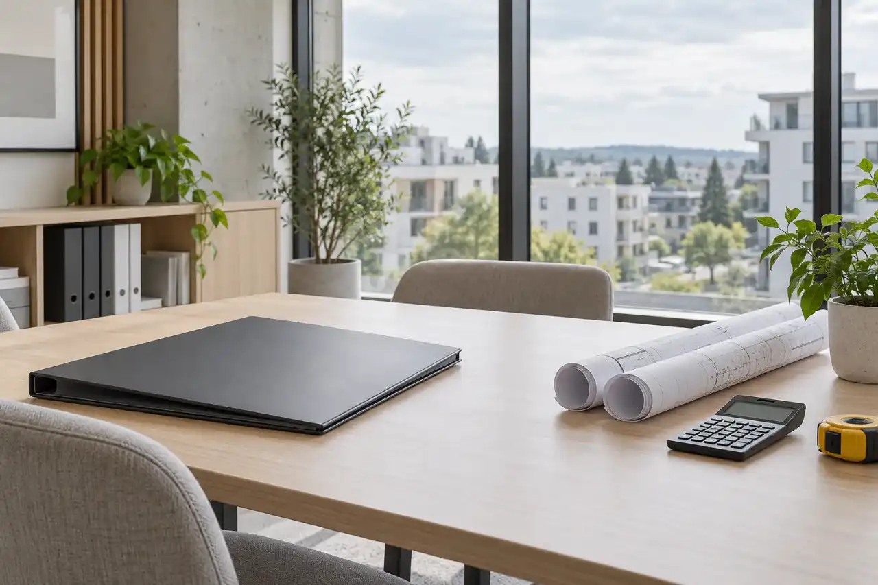 Table de travail avec classeur, plans roulés, calculatrice et mètre ruban jaune près d'une baie vitrée