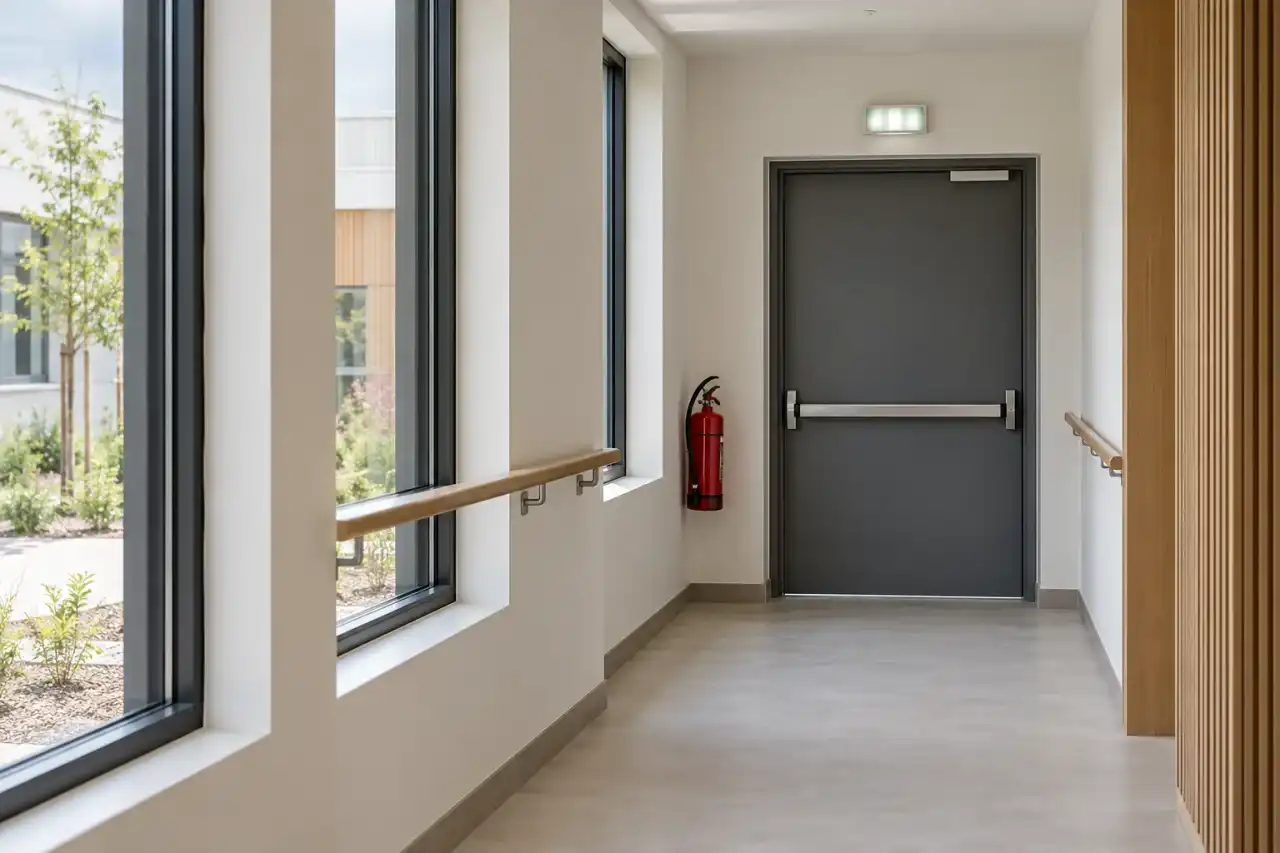 Couloir avec main courante, extincteur, porte de sortie à barre antipanique et bloc de secours lumineux