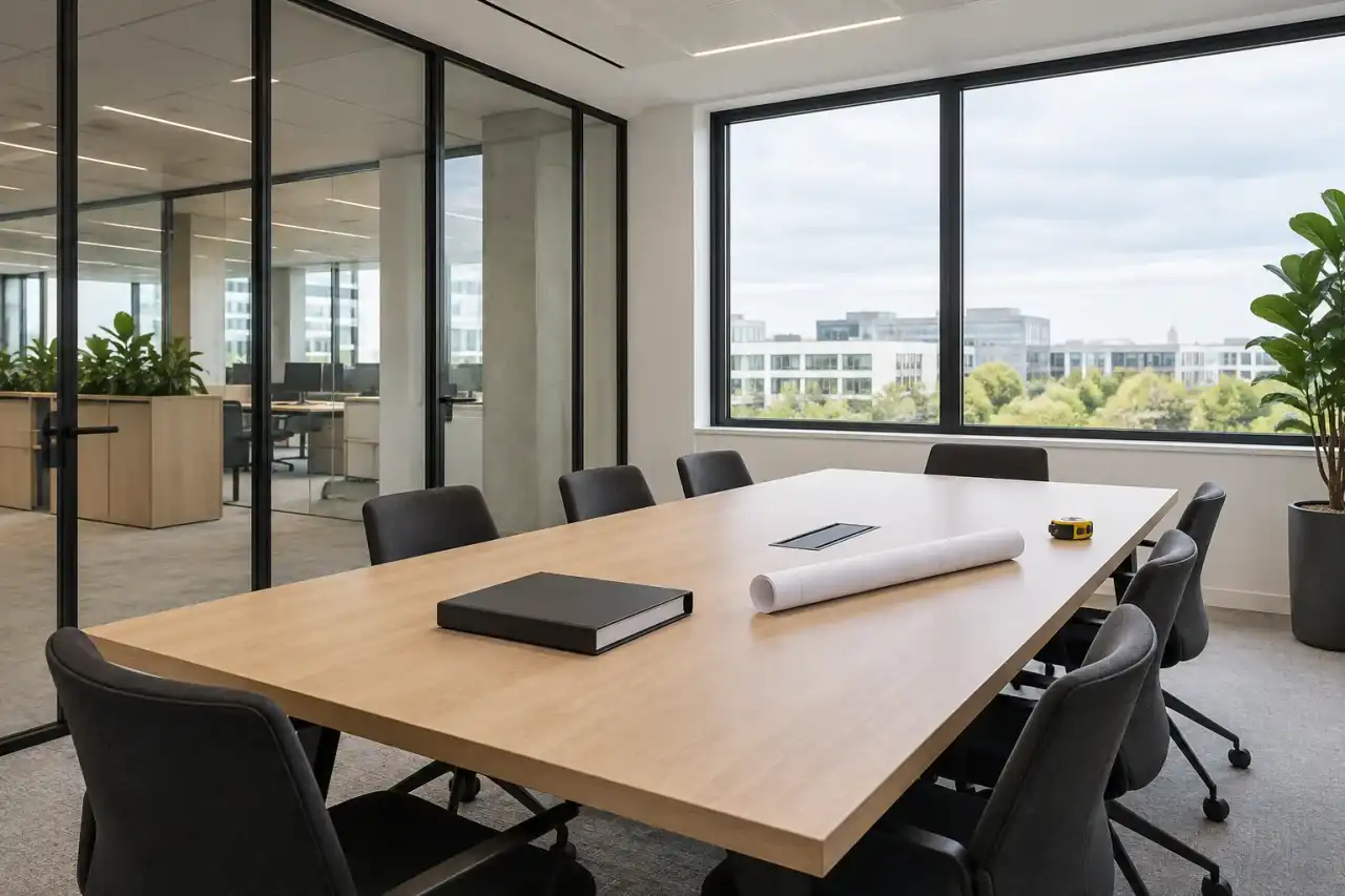 Salle de réunion avec classeur et plan roulé sur la table, open space derrière une cloison vitrée