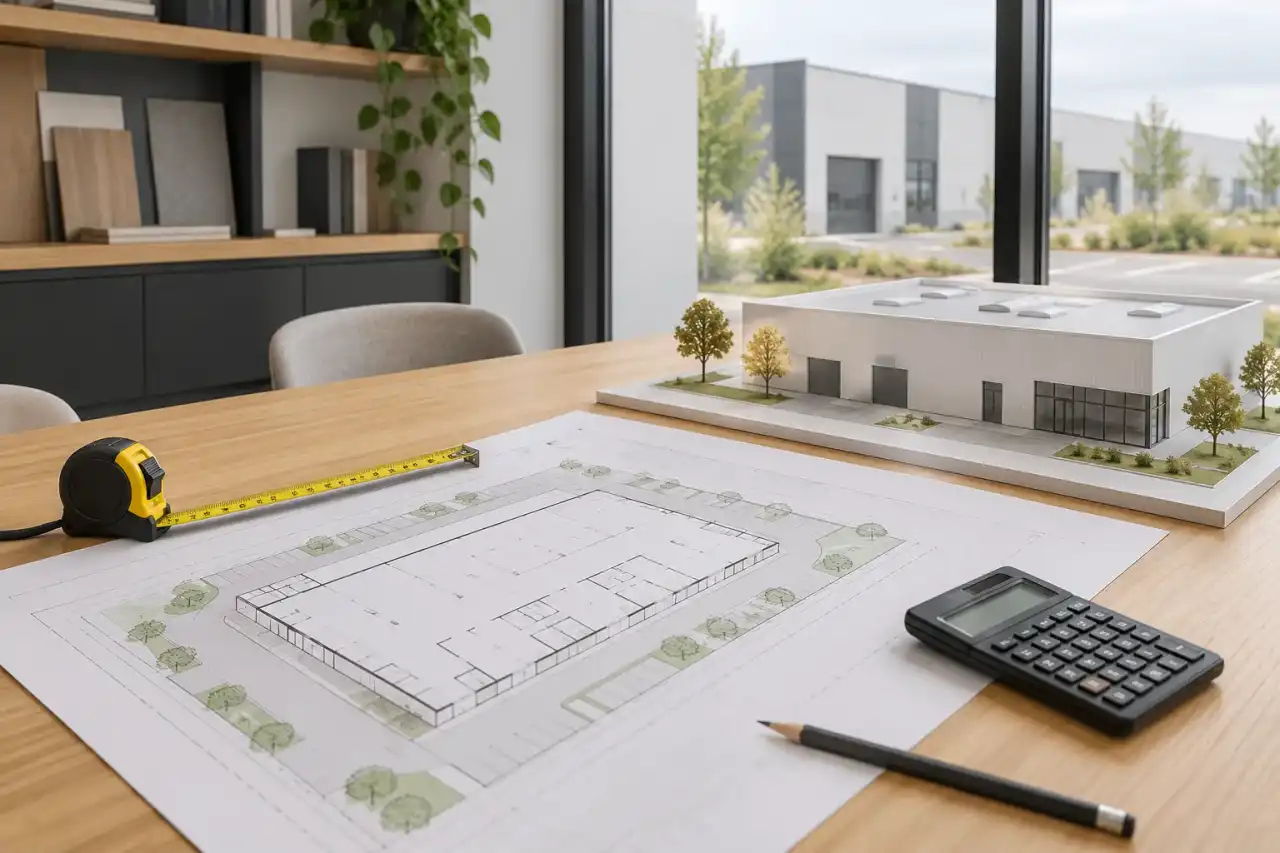 Plan de masse, maquette d'un bâtiment d'activité, calculatrice et mètre ruban sur une table