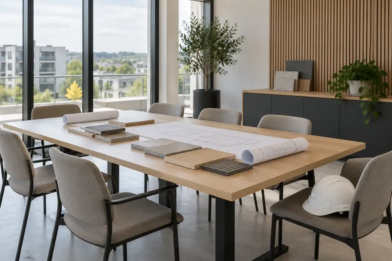 Table de réunion de chantier avec plans, échantillons de matériaux et casque blanc